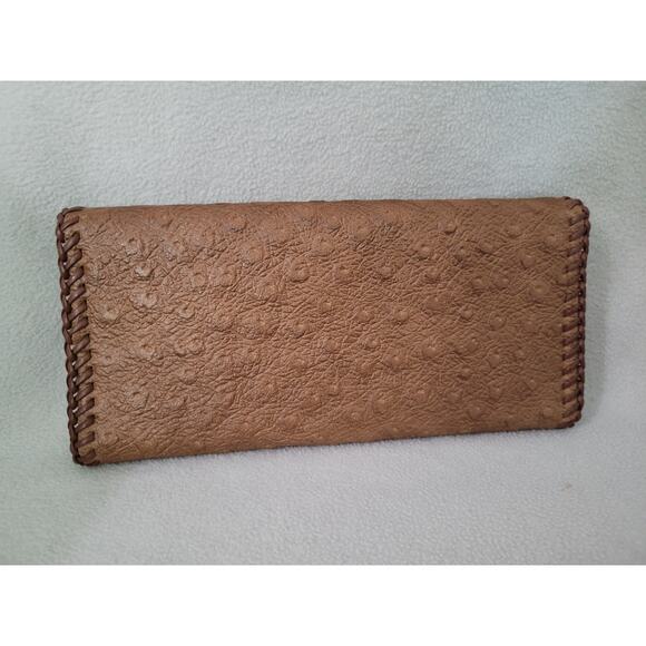 Leather Suede Trifold Wallet Side Stitch Ostrich Woven Edge - Picture 2 of 12